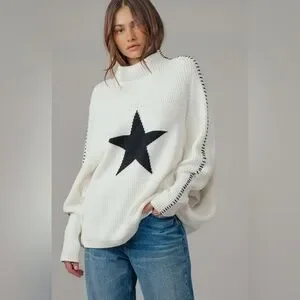 ALPS Elegant White Turtleneck Sweater with a Star